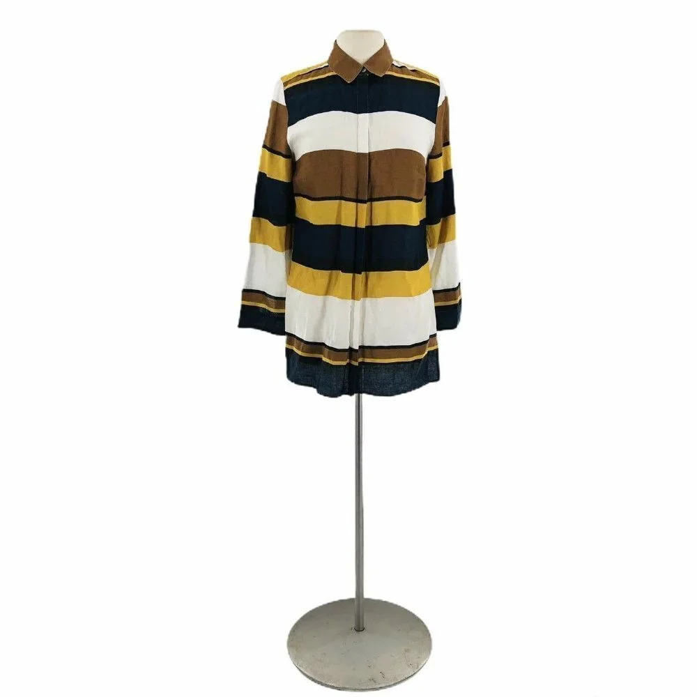 CHICOS Women’s Size 0 Multicolor Linen Striped Roll Tab Statement Shirt